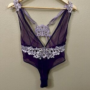 Sheer Lace Teddy Bodysuit Lingerie Purple 2 Tone Snap Close Approx Size S - READ
